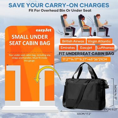 Спортивна сумка для жінок 45x36x20 см Easyjet Handgepäck: водонепроникна дорожня сумка, сумка для плавання, фітнесу, тренувань, з відділенням для взуття, L2-зелена, A04-армійсько-зелена (C01-чорна)