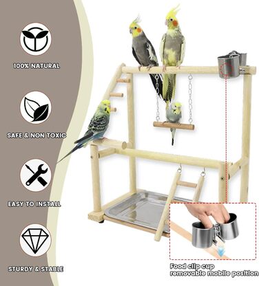 Budgie Playground Bird Playground with Feeder Cup Toy, Ladder, Climbing, Swing, and Tray for Canaries, Parakeets, Budgies, Wood, Size 45x37x26 cm #A (Wood 006)