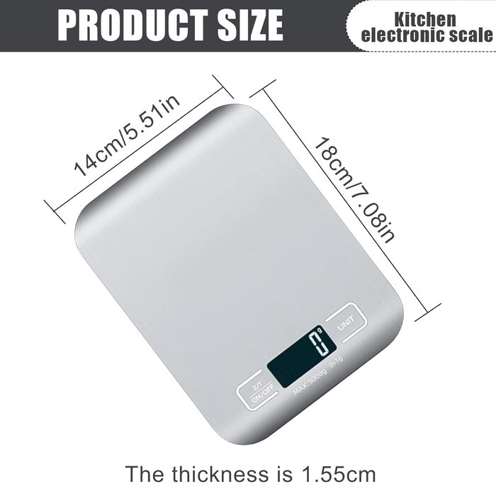 Цифрова кухонна вага, 10 кг/1 г, USB, перезарядна, з LCD дисплеєм та функцією тарування. Професійна кухонна вага, металевий білий колір.