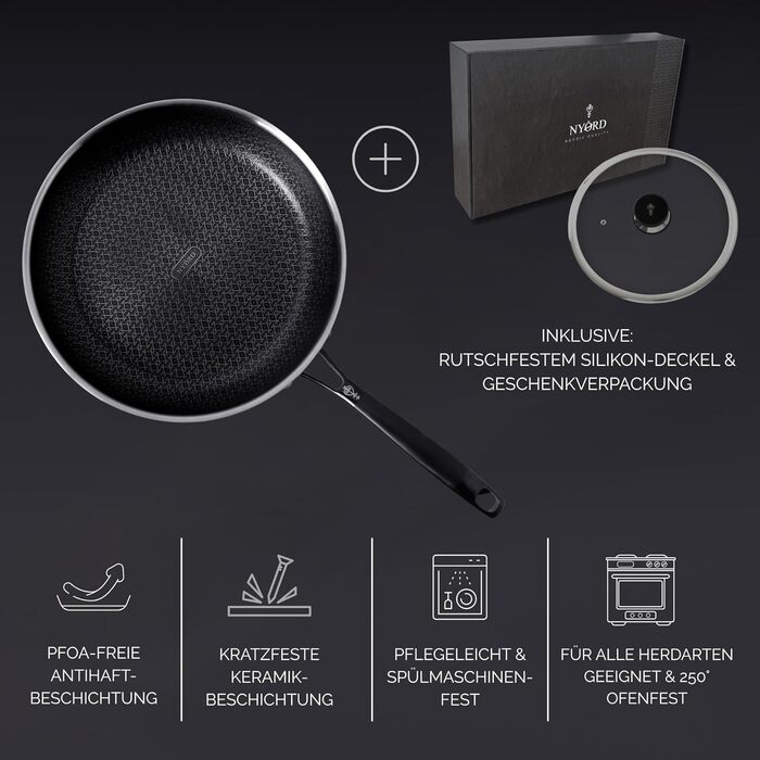 Пан з нержавіючої сталі NYORD - антипригарне покриття, з гранульованою поверхнею, для плити та духовки, з кришкою, 24 см