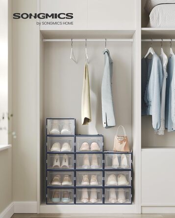 SONGMICS Shoe Boxes, 12-Piece Set, Plastic Shoe Organizer, Foldable and Stackable, for Shoes up to Size 44, Transparent-White LSP12SWT (12-Piece Set for Shoes up to Size 44, Transparent + Anthracite Blue)