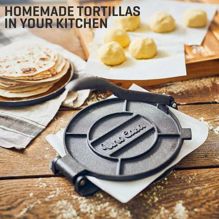 Cast Iron Tortilla Press - Taco & Roti Maker with 100 Sheets of Baking Paper - 8 Inch Kitchen Gadget for Tortillas, Roti, Tawa, Dosa & Dumplings
