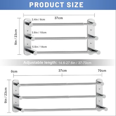 Тримач для рушників Lannvan без свердління, висувний 37-70см, нержавіюча сталь, для ванної кімнати та кухні, 2 способи встановлення, сріблястий