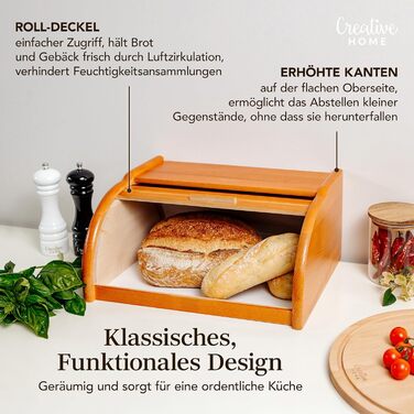 Дерев'яний хлібний ящик Creative Home | 38 x 28,5 x 17,5 см | Для хліба, булок, випічки | З відкидним кришкою | Натуральний хлібний контейнер для кухні