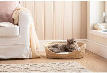 Кругле ліжко Dehner Premium Lovely для котів та собак, 58 x 48 x 18 см, наповнювач з натуральних матеріалів та плюшу, білий/бежевий колір