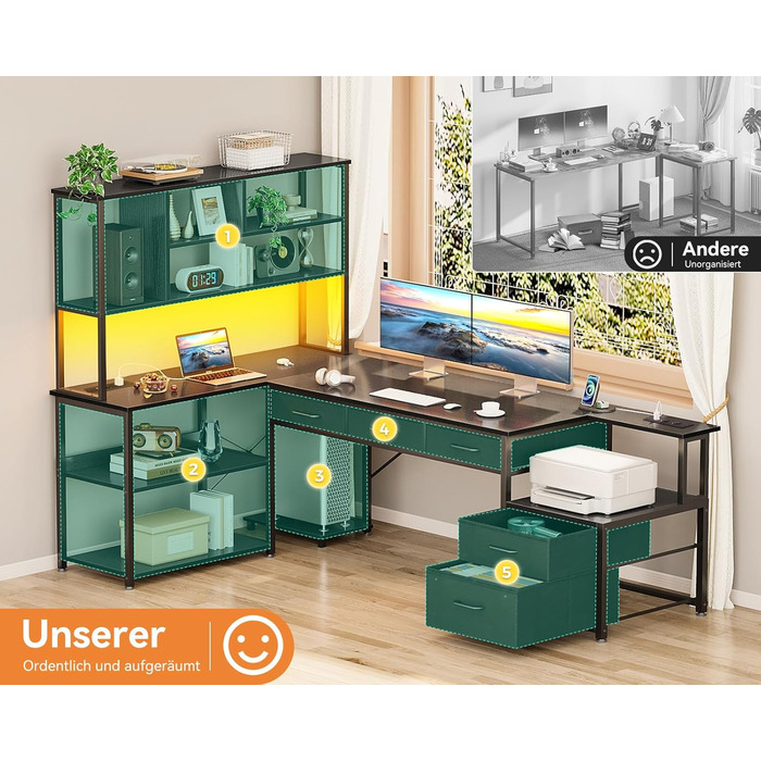 Комп'ютерний стіл Coleshome L-подібний з 5 ящиками та 4 полицями, 180x100 см, з LED-підсвічуванням, розетками та USB, для дому та офісу, білий/чорний