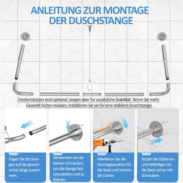 Регульована душова штанга U-подібної/L-подібної форми, 60-92 x 78-196 x 60-92 см, з 12 кільцями для шторки та підпоркою для стелі, для ванни/ванної кімнати, срібна