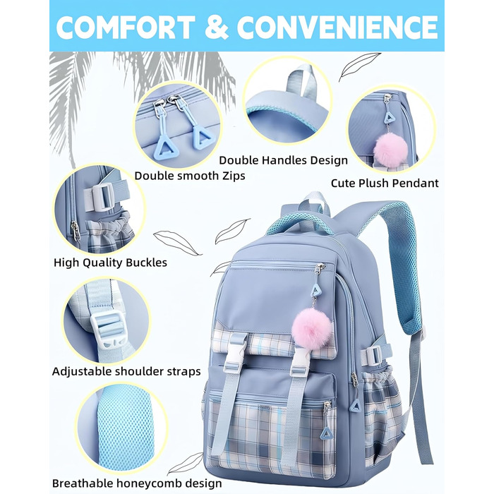 Стильний рюкзак для підліток та жінок, 17 л, легкий, з відділенням для ноутбука, для подорожей, навчання та роботи (блакитний)