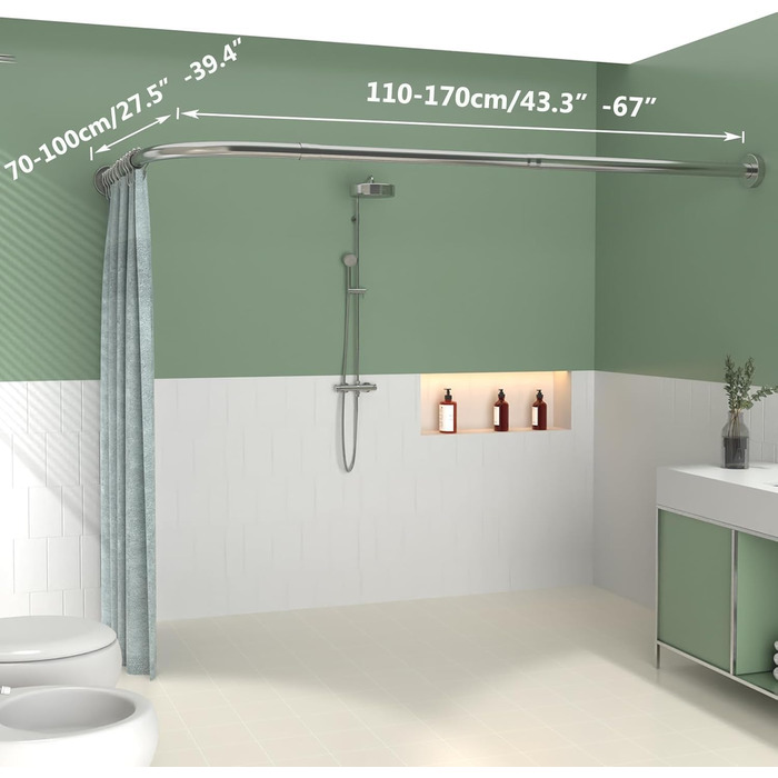 Штанга для душу L-подібна, розсувна, 62–94 x 141–174 см, з 16 кільцями, чорна (Silver Upgrade-version)