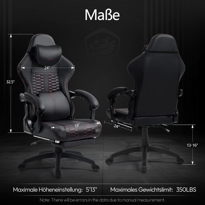 Ігровий крісло Dowinx Big and Tall з масажем попереку, підставка для ніг, ергономічний комп'ютерний стілець, PU шкіра, 180 кг, чорний