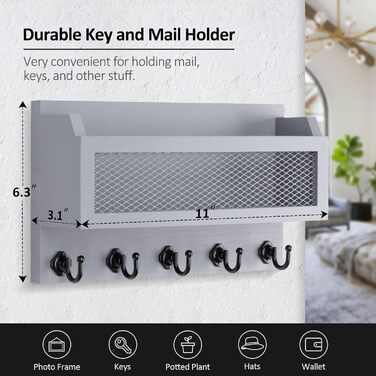 Wall decor brief and key holder, 27.9 cm (11 inch) wood wall key organizer with 5 key hooks, wall mount, storage shelf for entryway, hallway (white) (grey)