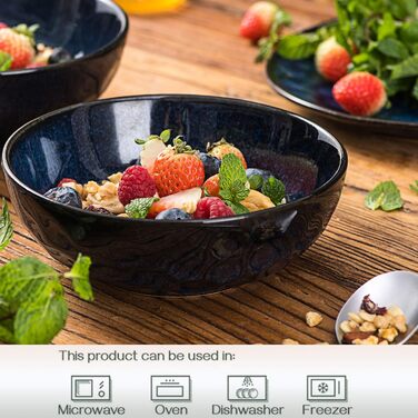 Набір тарілок для мюслі Vicrays (6 шт.) з порцеляни, об'єм 940 мл, набір тарілок та мисок, салатник з кераміки, супові тарілки, підходить для мікрохвильової печі та посудомийної машини (Зоряно-блакитний)