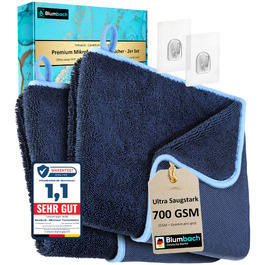 Набір рушників для сушіння BLUMBACH Ultra Wipes, 700 GSM, 40x60 см, темно-синій (3 шт.) — преміум мікрофібра для душу та авто