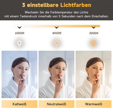 Дзеркало для ванної кімнати SONNI з LED-підсвічуванням, 100 x 60 см, антизапарник, IP44, сенсорне керування, 3 кольори світла