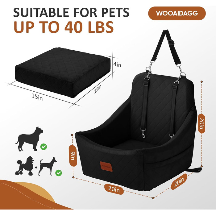 Автокрісло для собак середніх порід, переноска для тварин у машину з кріпленням ременем безпеки, знімне та пральне, регульовані ремені, 3 ремені (Чорний) Black Medium