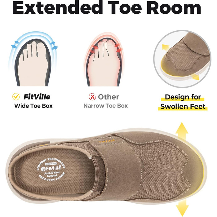 Домашні тапочки для чоловіків FitVille з широкою колодкою, з липучкою, з підтримкою склепіння стопи, розмір 41-50, пісочний колір