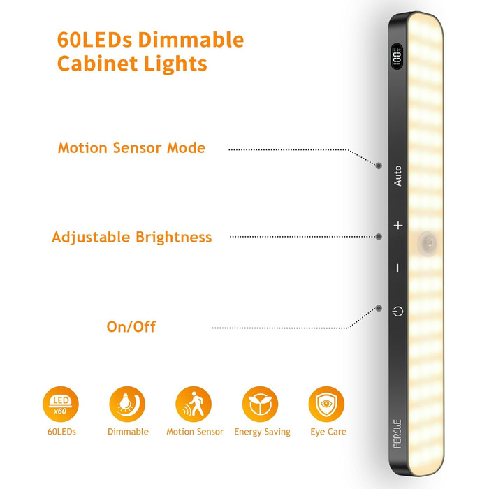 LED Closet Light with Motion Sensor, Battery Level Indicator, 2 Pack Under Cabinet Light Kitchen LED, USB Battery Powered Closet Light, Motion Sensor Cabinet Lights, 3000K