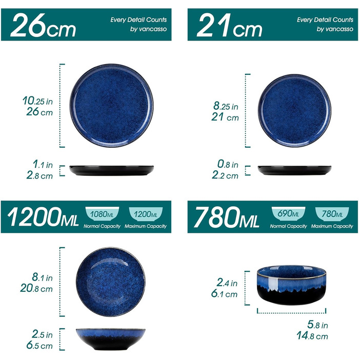 Vancasso Starry 24-Piece Blue Stoneware Dinnerware Set for 6 - Complete Tableware Set with Plates, Bowls