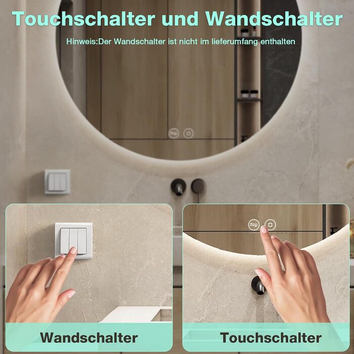 Круглий дзеркало для ванної кімнати з підсвічуванням 80 см, 3 кольори світла, регулювання яскравості, проти запотівання, сенсорне управління, функція пам'яті, LED, енергозберігаючий