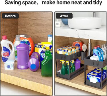 Puricon 2 Set Under Sink Shelf, Dish Cabinet Organizer, 2-Tier Stand Shelf Kitchen Countertop Organizer, Multifunctional Kitchen Shelf Spice Rack Under Sink Shelf Dish Cabinet Shelf - Black