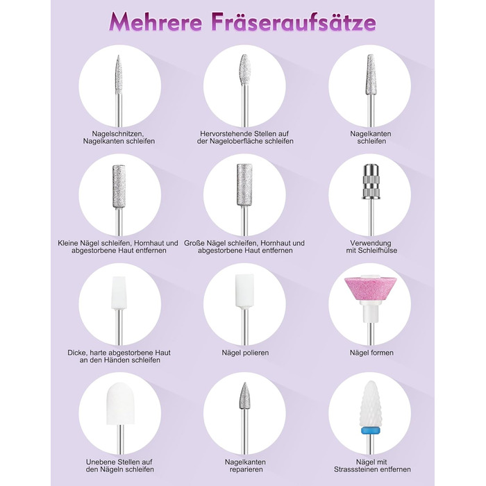 Електричний набір для манікюру та педикюру Nagelfräser: 12 в 1, бездротовий, 9 швидкостей, для гелю та акрилу