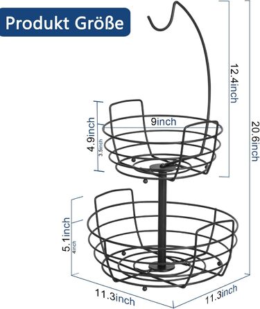 Металева підставка для фруктів та овочів на 2 яруси з гачком для бананів - чорна