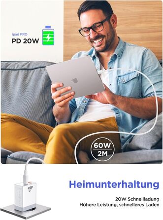 Мережевий адаптер USB C з двома портами, 20W, PD 3.0, з кабелем USB C - USB C 2м, білий