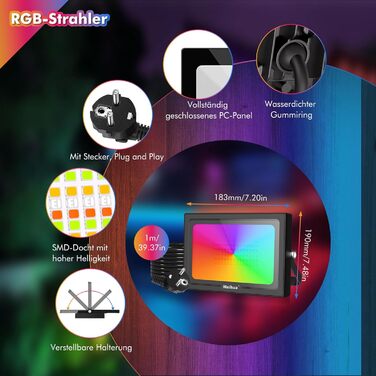 MEIHUA 60W RGB Spotlight with Remote Control, IP66 Waterproof, LED Floodlight, Color Changing, Dimmable, 10 Colors, 12 Modes with Timer, RGB Projector, Colorful for Garden, Disco, Tree, Landscape, Mood Lighting
