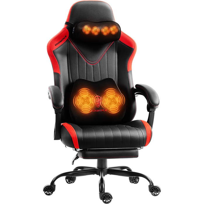 Ігровий крісло Dowinx з масажем, ергономічний дизайн, підтримка попереку та шиї, до 135 кг, шкіра, для дорослих (червоний)