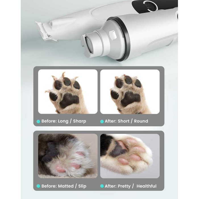 Триммер для стрижки кігтів та стрижка кігтів для собак 2 в 1, безшумний, акумуляторний, електричний, для великих, середніх та маленьких собак, білий