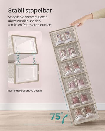 SONGMICS Shoe Boxes, 18-Piece Set, Plastic Shoe Organizer, Foldable and Stackable, for Shoes up to Size 44, Transparent-White LSP18SWT (Transparent + Oatmeal Beige, 18-Piece Set for Shoes up to Size 44)
