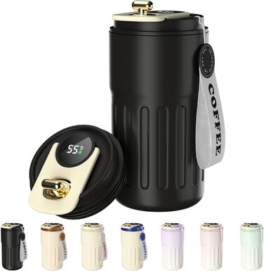 Термокружка для кави HomeAlexa з цифровим дисплеєм, 410 мл, нержавіюча сталь 316, ізольована, з кришкою, чорна