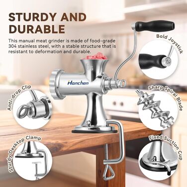 М'ясорубка ручна Hanchen з нержавіючої сталі з присоскою, насадкою для ковбас, 2 дисками та шреддером для овочів - посудомийна