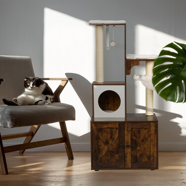 Relaxdays Cat Tree with Litter Box Cabinet, 128 cm