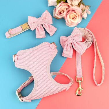 Didog Sweet Collar Harness and Leash Set for Small Dogs, Adjustable Collars and Leashes with Bow Tie, Breathable Soft Mesh Padding for Small Dogs When Walking, Pink, S