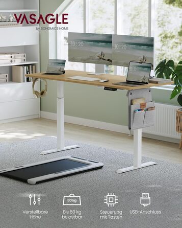 VASAGLE Electric Height Adjustable Desk - 60x120cm, Memory Function, Wood & Steel Frame