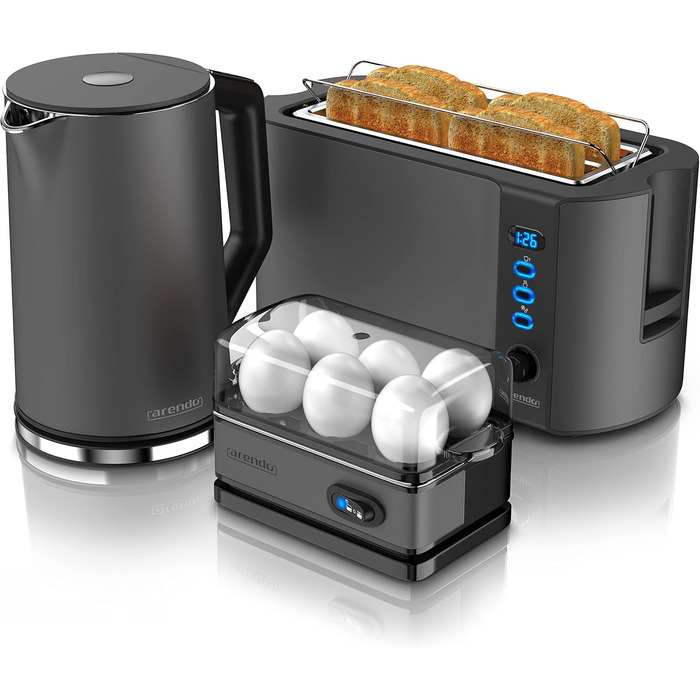 Набір Arendo: чайник, тостер та яйцеварка, нержавіюча сталь, сірий, 1.5л, 40-100°C, 4 тости, LED-дисплей, 6 рівнів підсмажування, для 1-6 яєць