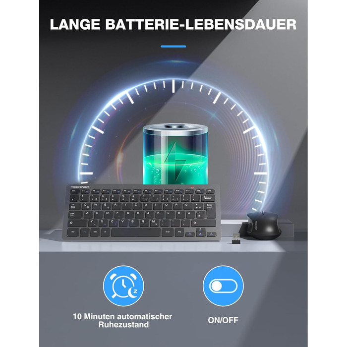 TECKNET Бездротовий Набір Клавіатури та Миші, QWERTZ, 2.4 GHz, 15м, Безшумна Клавіатура та Миша для ПК, Ноутбука, Smart TV, Білий (Сірий)