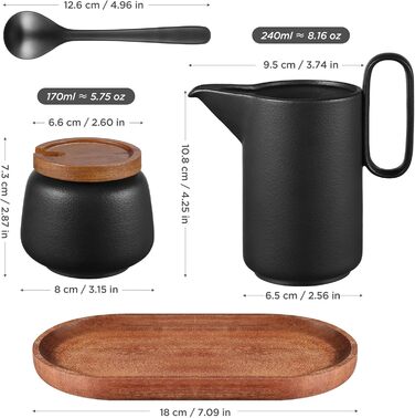 Набір для молока та цукру Ecooe: молочник і цукорниця з кришкою та металевою ложкою, кераміка, чорний колір