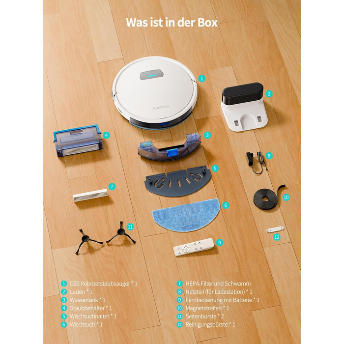 Робот-пилосос HONITURE G20 з функцією миття підлоги, 4000Pa, 3-в-1, для тварин, килимів, твердих підлог, з голосовим керуванням та пультом дистанційного керування, білий