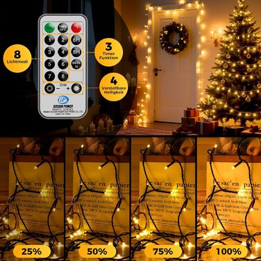Гірлянда світлодіодна для прикраси ялинки та інтер'єру, 25м, 250 LED, тепле біле світло, 8 режимів, пульт, таймер, IP44, для дому та саду