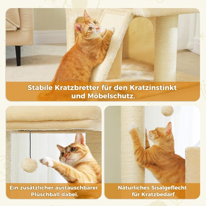 PETEPELA Scratching Post with Dual Condos for Apartment Cats, All-in-One Cat House with Padded Perch, Scratch Ramp and Posts, and Interchangeable Balls (Beige, L 113cm)