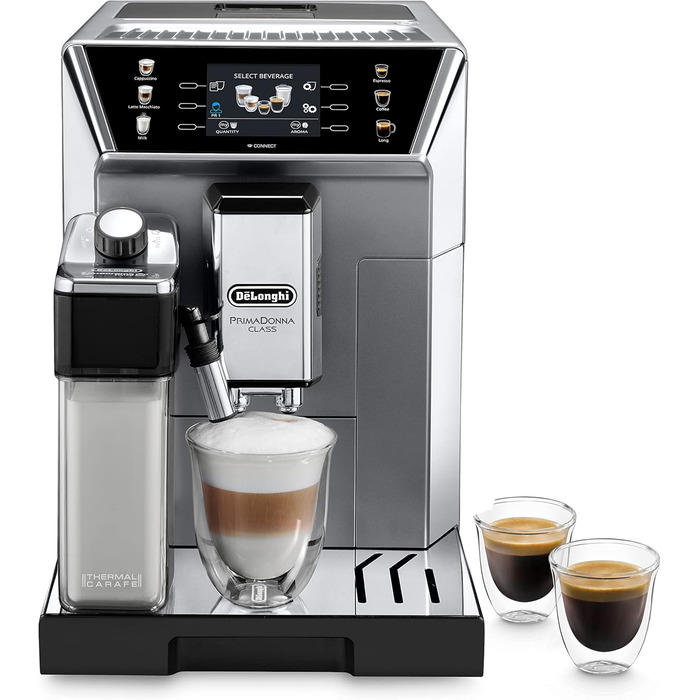 De'Longhi PrimaDonna Class ECAM 550.85.MS fully automatic coffee machine with LatteCrema milk system, cappuccino and espresso at the touch of a button, 3.5 inch TFT color display and app control, silver