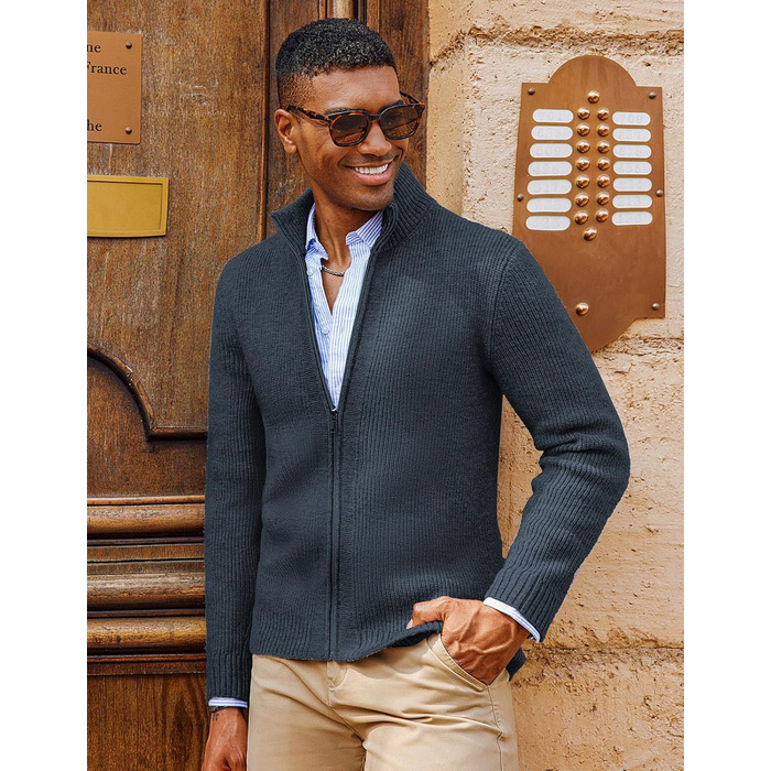 Кардиган чоловічий PJ PAUL JONES з рифленого в'язання, довгі рукави, зимова куртка, тонкий трикотаж, з коміром-стійкою та блискавкою, колір морської хвилі (S)