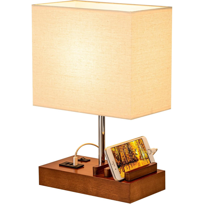 Настільна лампа Dreamholder з 3 USB-портами (A+C), підставкою для телефону, для спальні, вітальні, офісу, з натуральним дерев'яним цоколем та тканинним абажуром (цоколь з горіхового дерева)