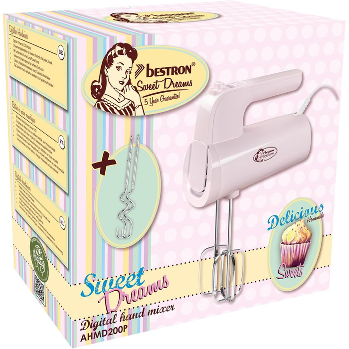 Міксер ручний Bestron Power з 6 рівнями, Turbo-функцією та LCD-дисплеєм, рожевий (2 вінчики + 2 гаки)