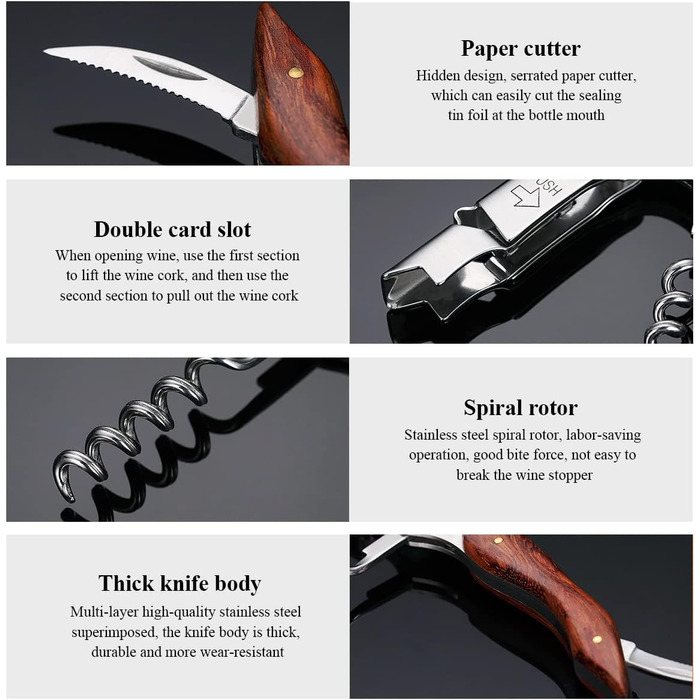 Kyraton Відкривачка для вина 3-в-1 з різаком для фольги, нержавіюча сталь, дерев'яний грифель, професійна для барів та ресторанів, набір (1 шт.)