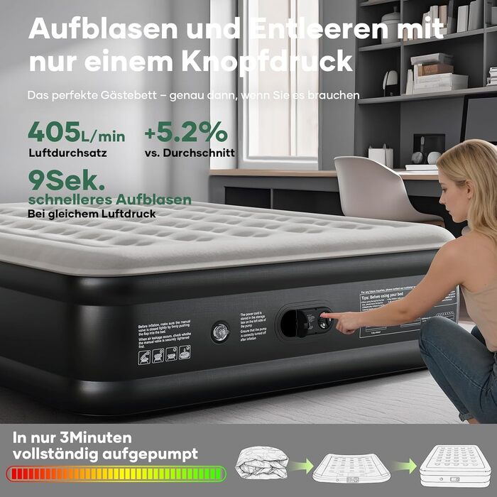 Надувний матрац OlarHike для кемпінгу та дому - 2 особи, 203x152x46 см, чорний, самонадувний