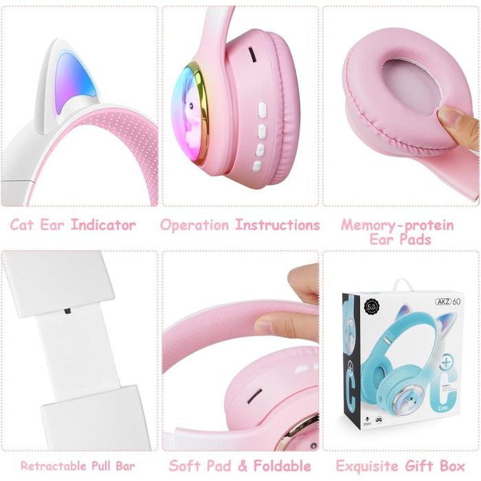 Дитячі навушники AXFEE з Bluetooth, котячі вушка, LED-підсвічування, Over-Ear, стерео, бездротові, з мікрофоном, Micro SD/TF, для телефону/планшета/ПК