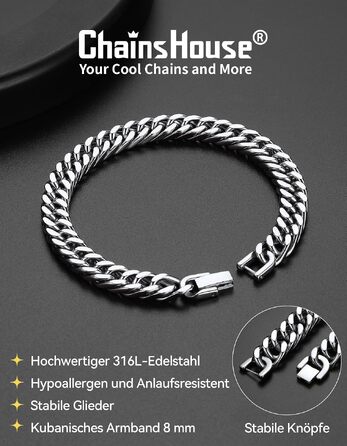 Чоловічий браслет ChainsHouse Panzer з нержавіючої сталі, ланцюг у хіп-хоп стилі (Срібний, 8мм, 23см) з подарунковою коробкою